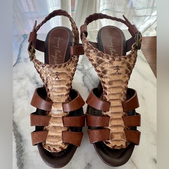 HENRY BEGUELIN cognac leather and snakeskin wedge slingback heels 38.5 - Picture 1 of 11
